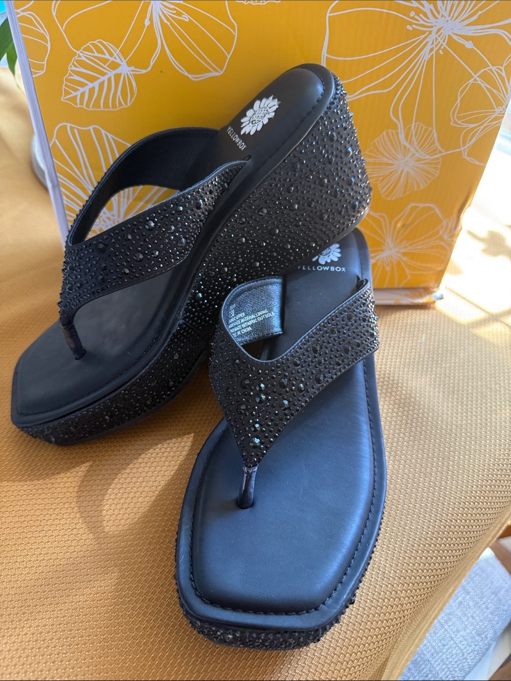 Yellow Box Black Jeweled Thong Sandals Sz 7.5 NIB